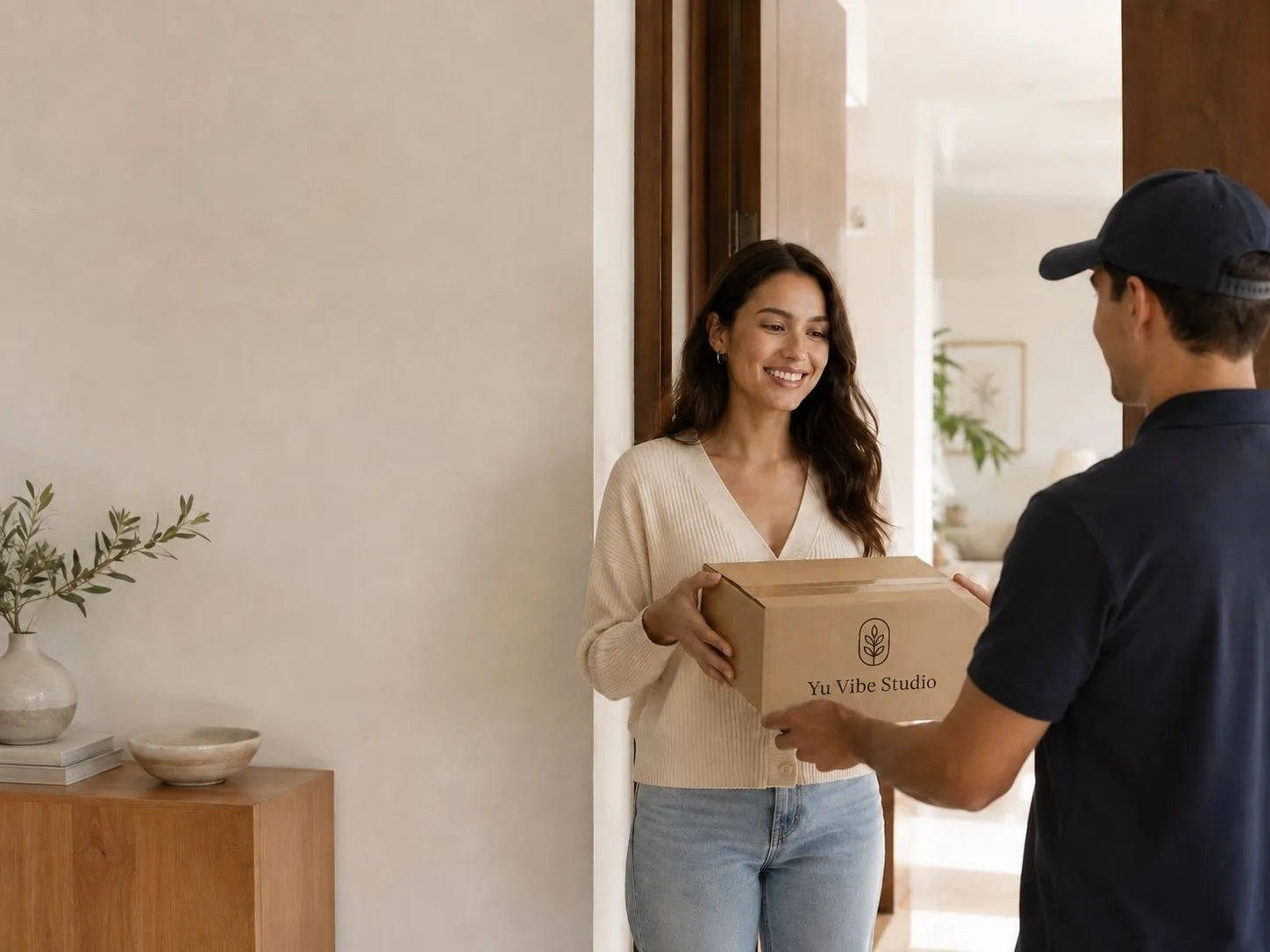 Consegna a domicilio Yu Vibe Studio con pagamento alla consegna e cliente che riceve il pacco a casa