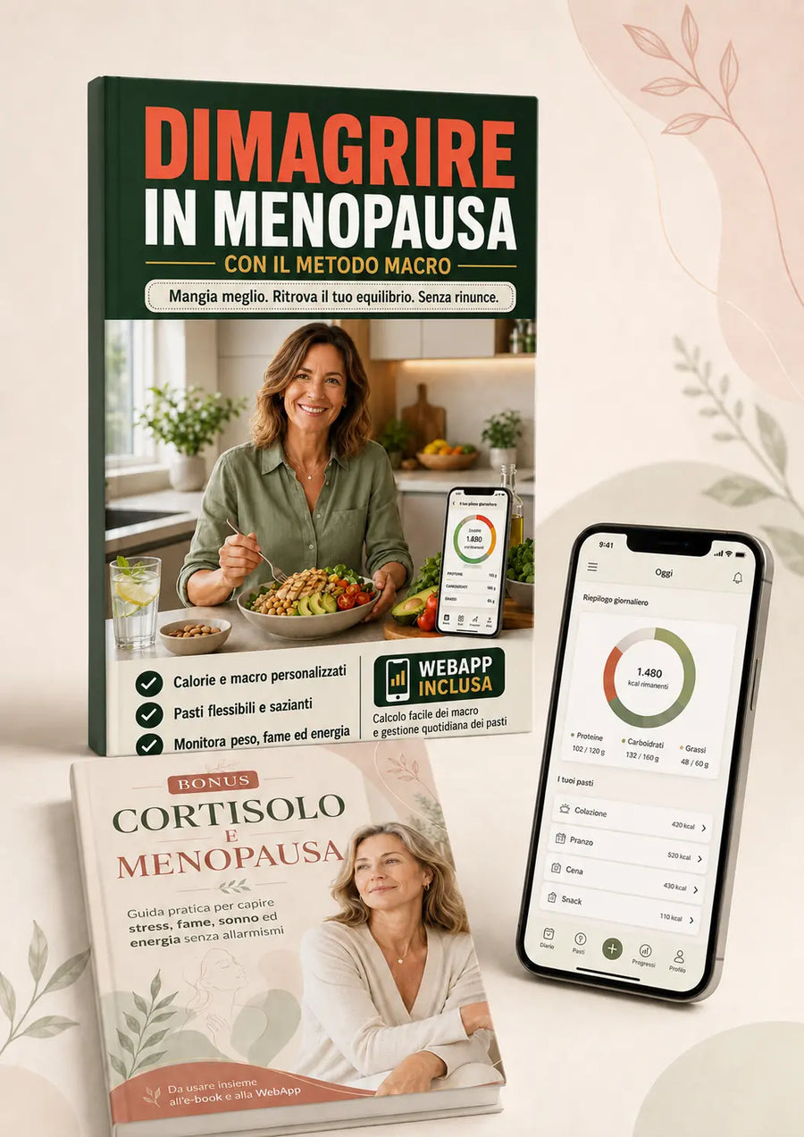 Donna in cucina con alimenti sani e tablet, Macro in Menopausa