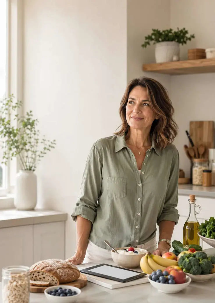 Donna in cucina con alimenti sani e tablet, Macro in Menopausa